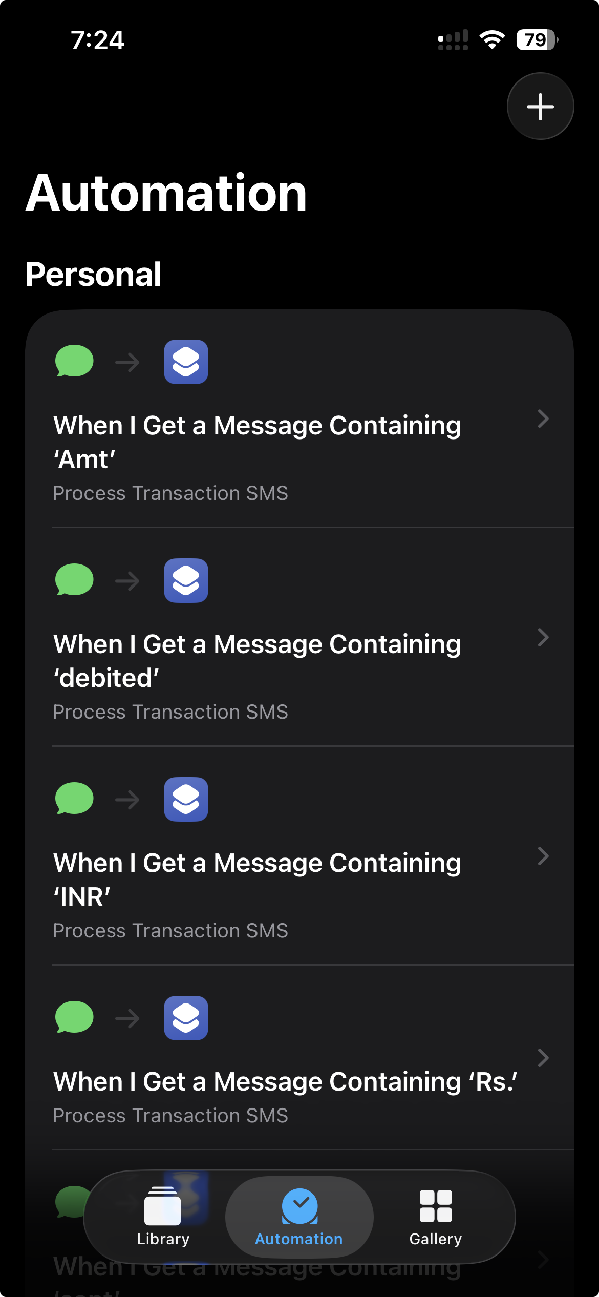 iOS Shortcuts automation list showing four personal automations, each triggered when a message contains a money keyword — Amt, debited, INR, or Rs. — running Process Transaction SMS