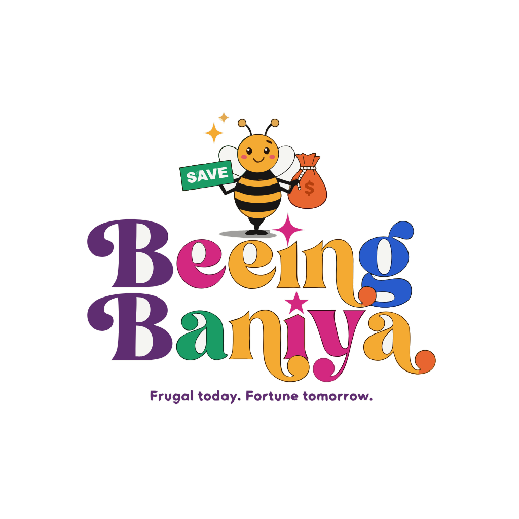 BeeingBaniya — bee mascot holding a SAVE sign and a money bag, above the Beeing Baniya wordmark