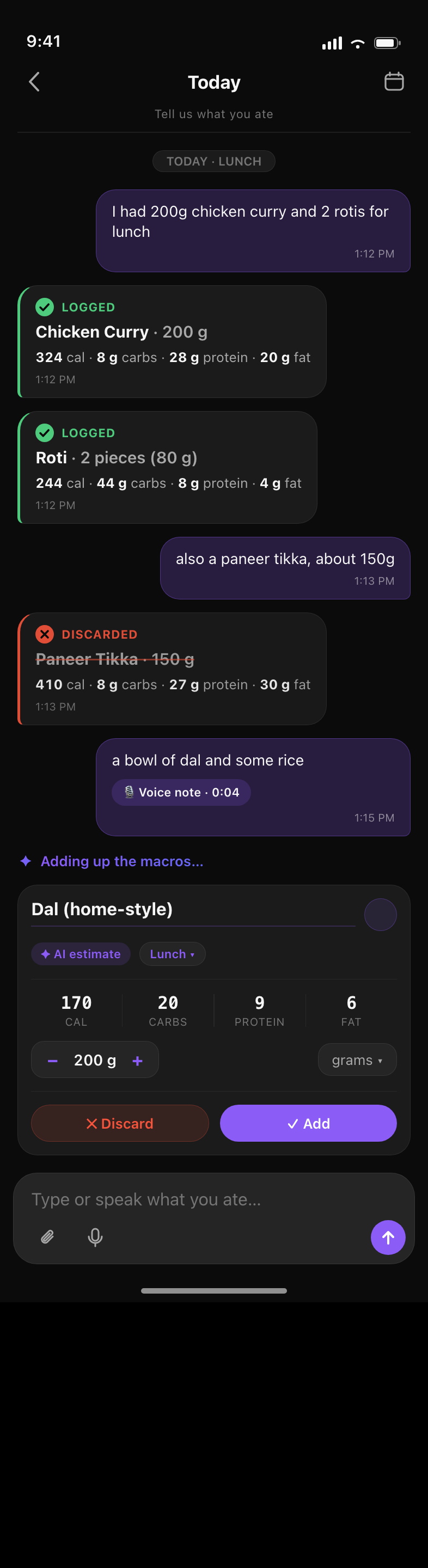 Advisor conversation parsing a described meal into individual logged foods with per-item calories and macros and a running total.